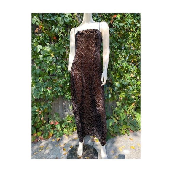 Vintage | 90s Formal Gown Dress Velvet Burnout Gold Metallic Spaghetti Straps 14 - Picture 14 of 14